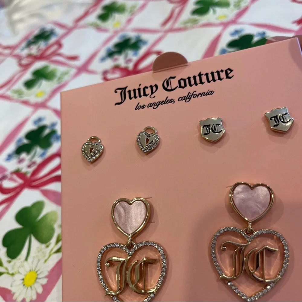 Juicy Couture Set of 3 Earrings (JC Hearts, Shields and Keyholes) New in Box - Picture 13 of 16